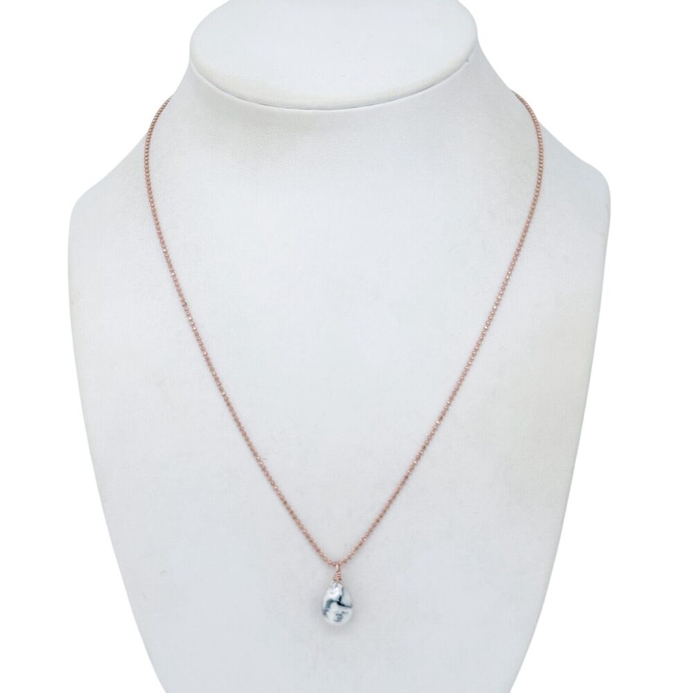 Rose Gold Tone Howlite Teardrop Pendant | Sterling Silver Necklace | 17.5"